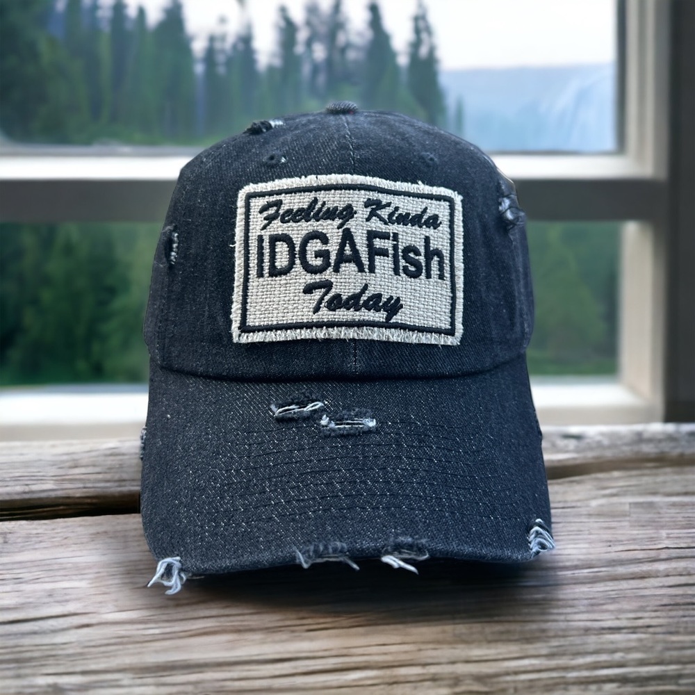 NWT-Feeling IDGAFish Today Embroidered Patch/ Distressed Black Denim Hat